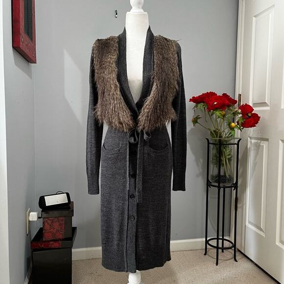 NEW Ann Taylor Wool Faux Fur Longline Belted Button Maxi Cardigan Sz XS NWT - Picture 15 of 16